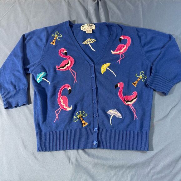 Jack B Quick Women's Petite Blue Flamingo Cardigan Sweater Small Beaded - Picture 1 of 10